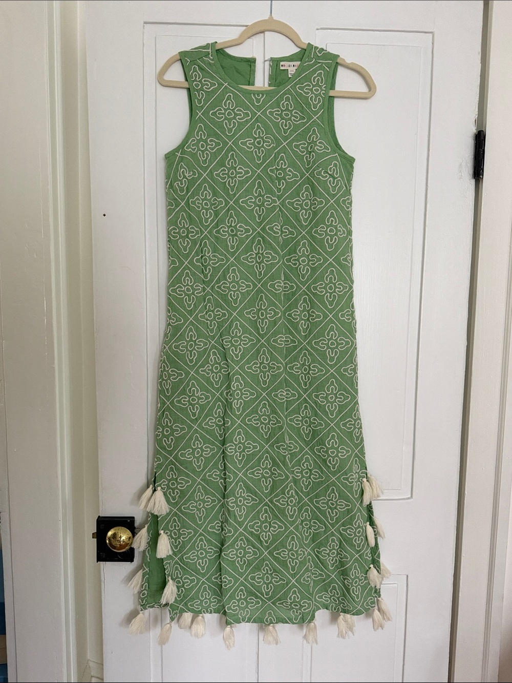 Roller rabbit Sleeveless Green Patterned Midi Dress with Tassel Trim xxs